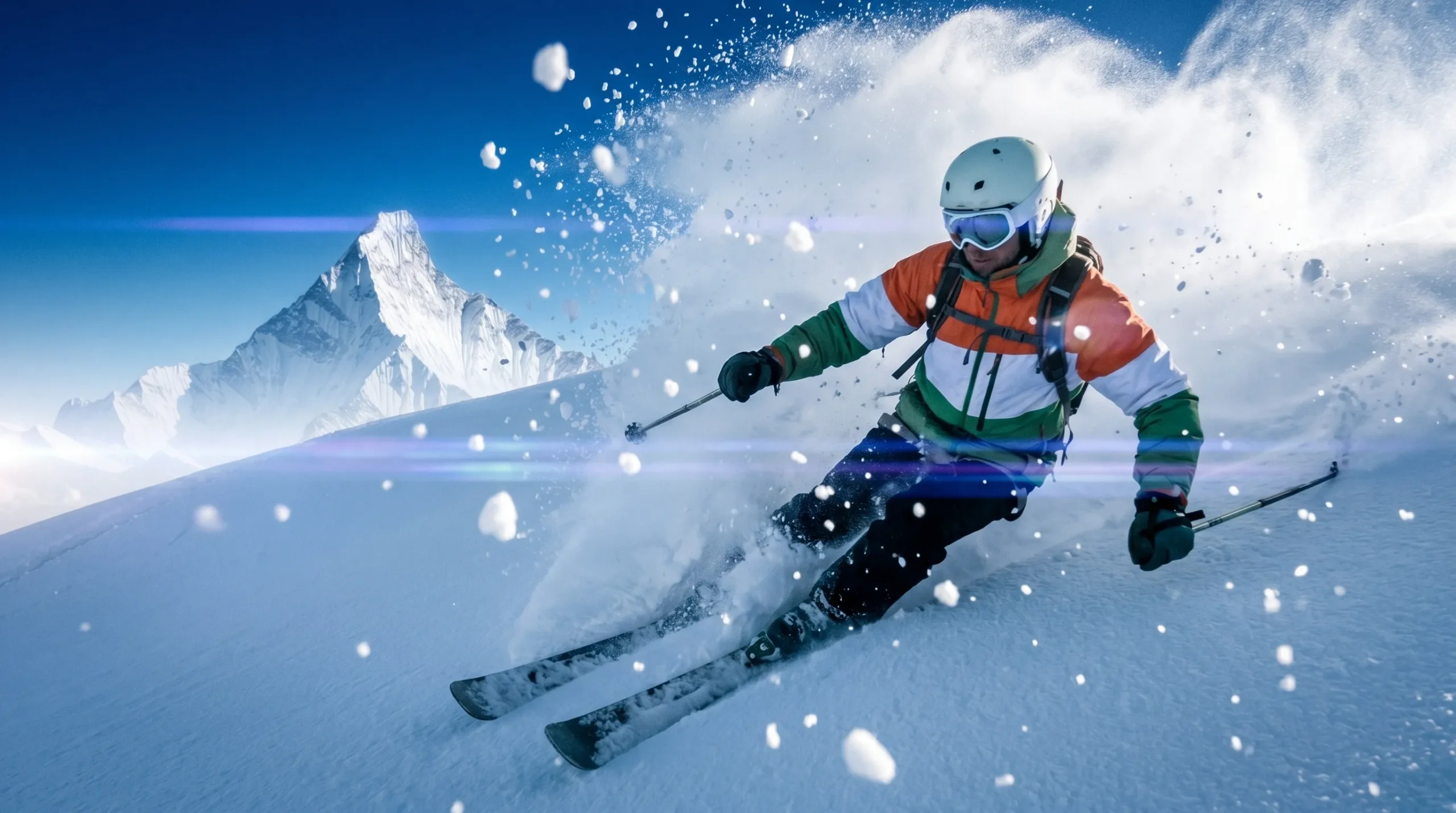 A ski mountaineer in Indian tricolour-inspired kit descending a Himalayan slope