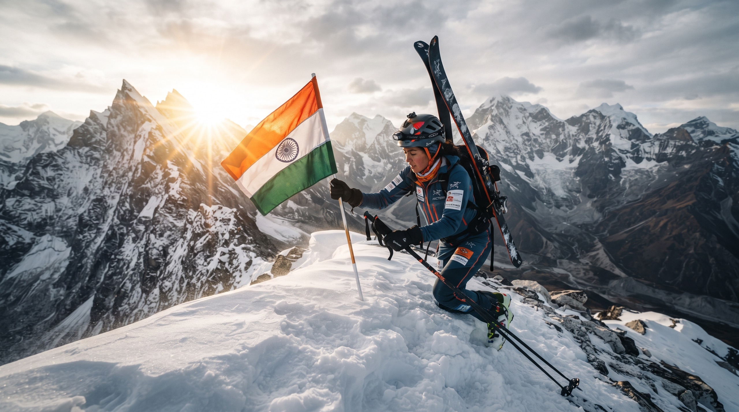Ski mountaineering athlete planting the Indian flag on a snow summit